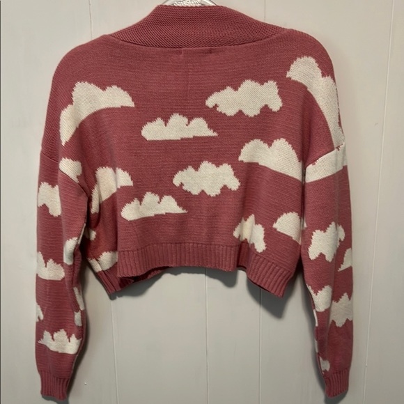 Nasty Gal Pink and White V-Neck Sweater with Cloud Design - Picture 3 of 5